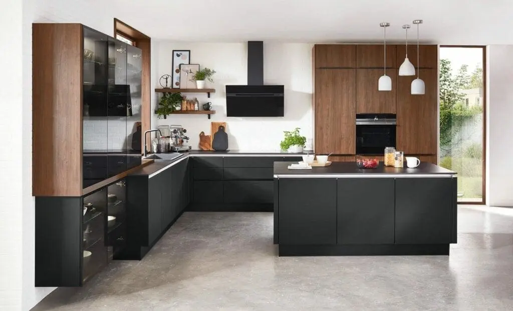 Two-Tone Black and Wood Cabinets