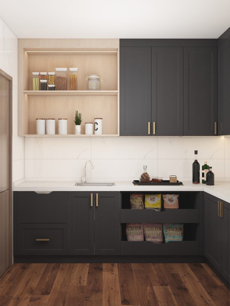 Black Kitchen Cabinets with Metallic Hardware