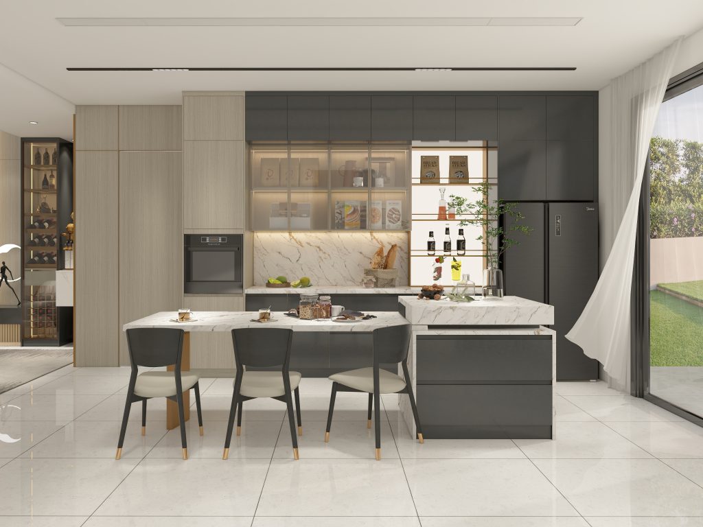 Black Kitchen Cabinets with Natural Textures