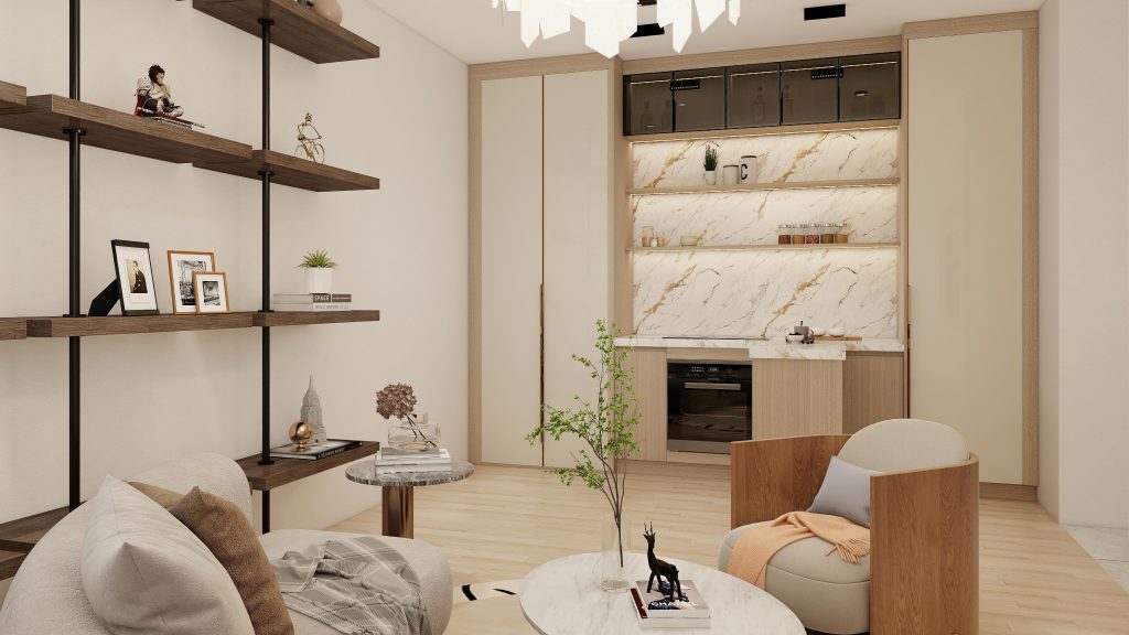 Elegant Beige Kitchenette with Open Shelving and Marble Accents