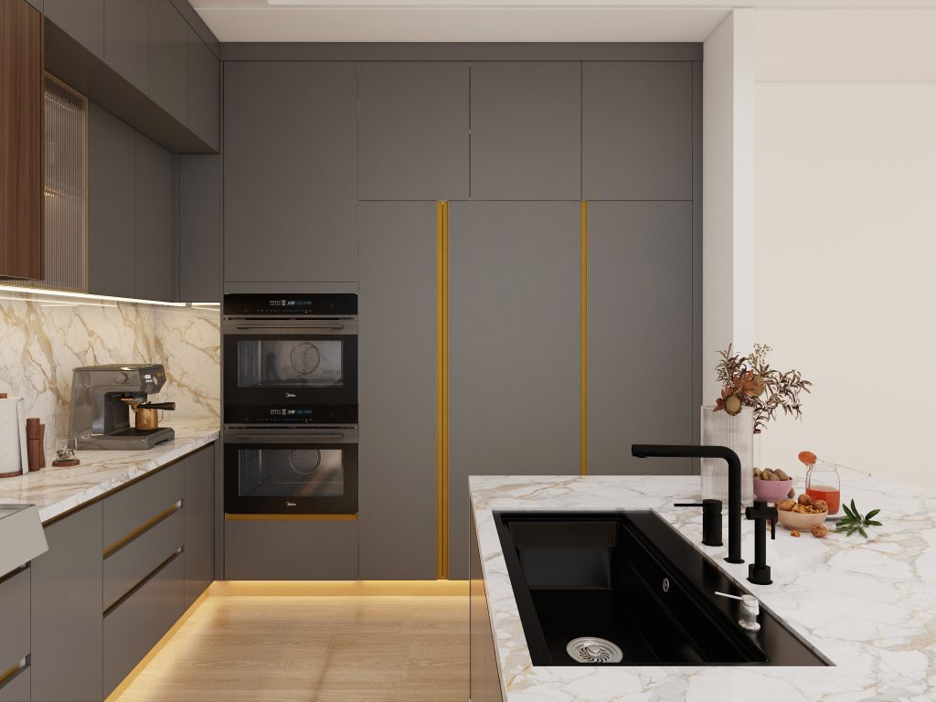 Gray Cabinets with Marble Countertops