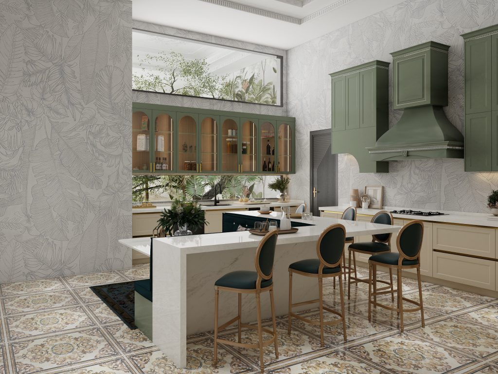 Green Cabinets Paired with Taupe Walls for a Cozy, Balanced Design