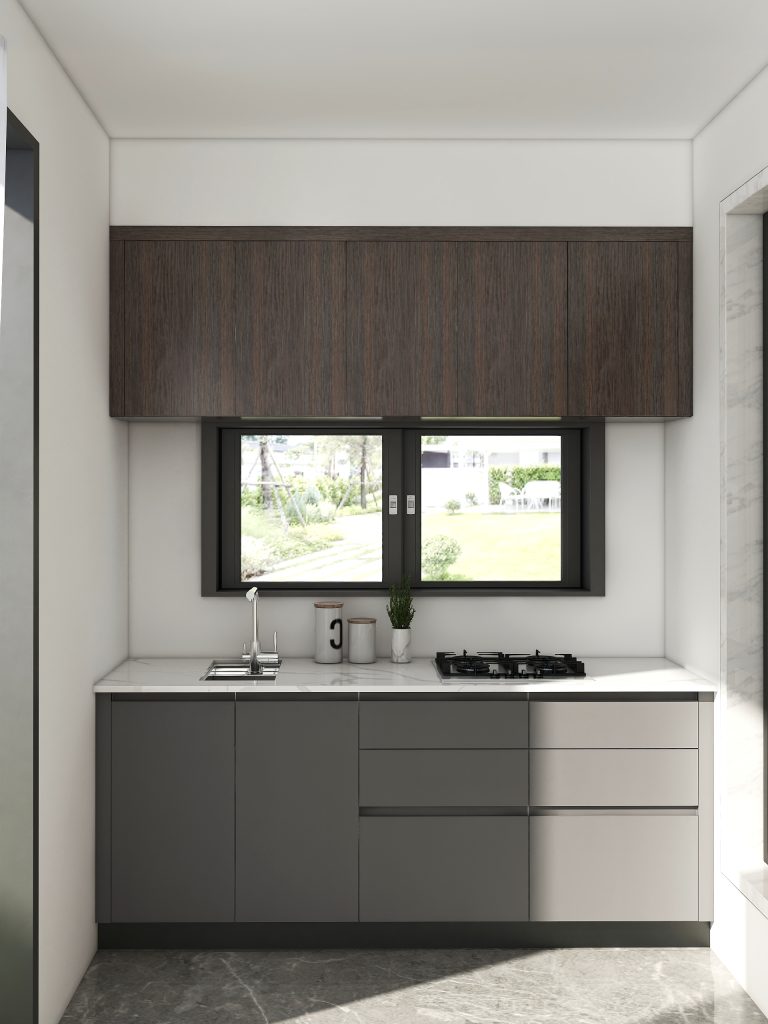 Minimalist Kitchenette with Functional Gray and Wood Design