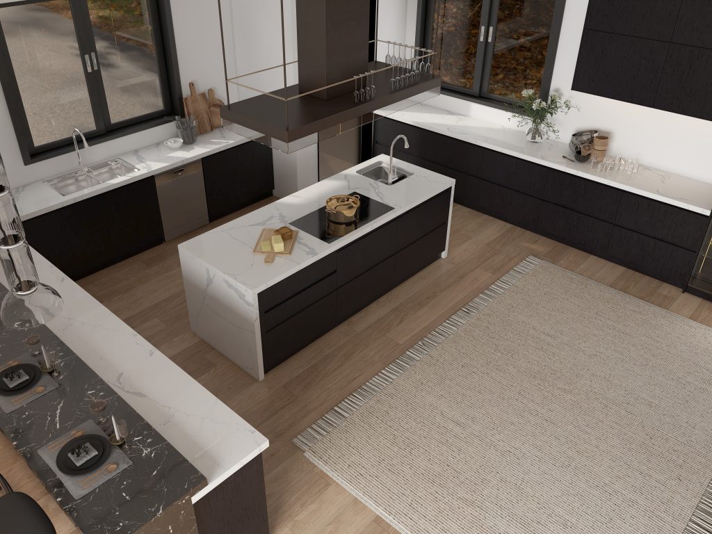 Modern Black Kitchen Cabinets with Light-Colored Countertops