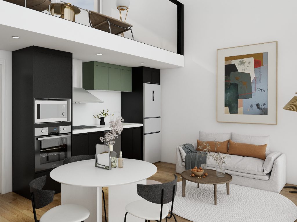 Modern Loft Kitchenette with Bold Color Accents