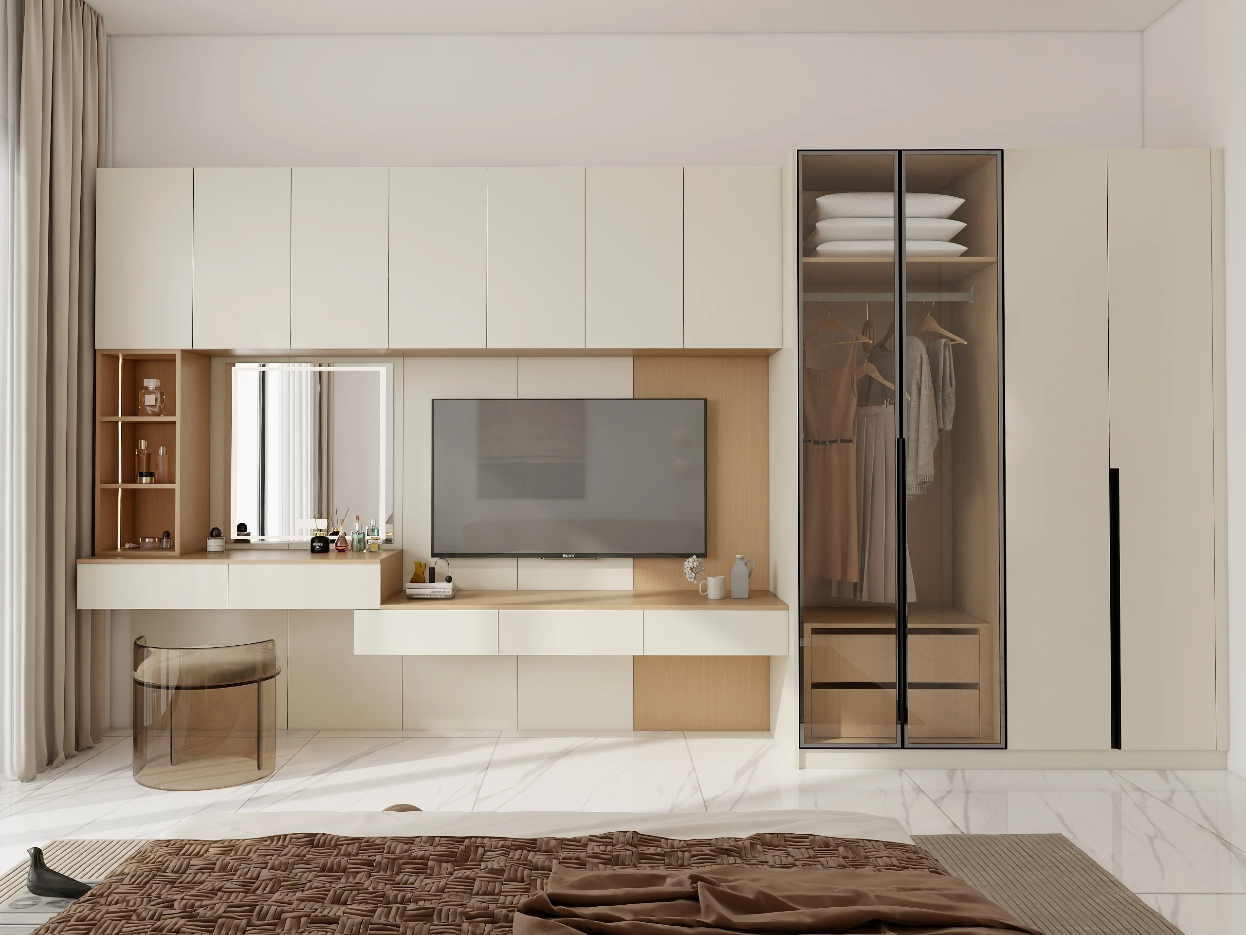 wardrobe design with dressing table and tv unit Elevate your space with our latest bedroom design! Featuring a chic study table cum TV unit, a stunning wardrobe with gold finishes, and a sleek, long dressing table. Perfect for style and
