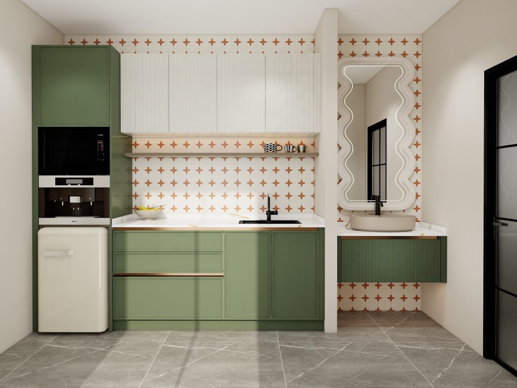 Stylish Compact Kitchenette with Functional Green Cabinetry