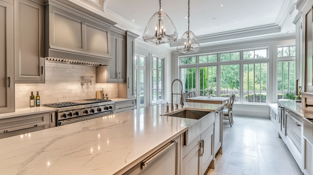 Contemporary kitchen with Gray Kitchen Cabinets and high-end marble countertops, accented by pendant lighting.