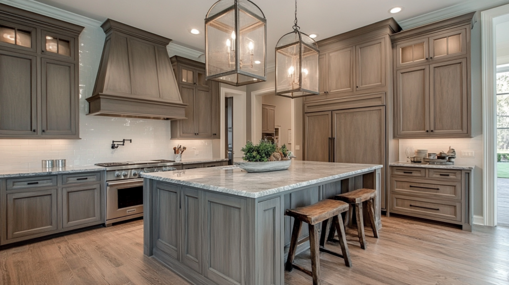 Gray kitchen cabinets with wood grain texture, adding warmth and depth to the modern design.
