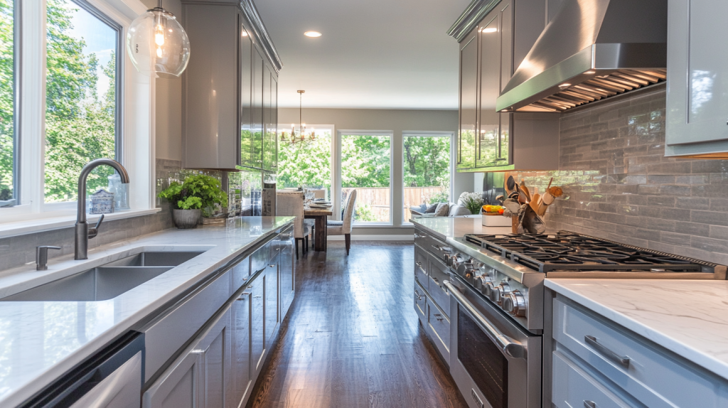 Gray kitchen cabinets with high gloss finish, reflecting light and creating a sleek, modern look.