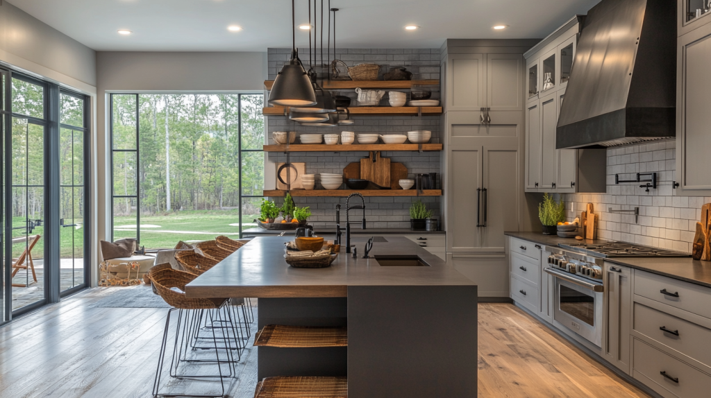 Modern Gray Kitchen Cabinets with open shelving, industrial-style lighting, and a sleek black countertop.
