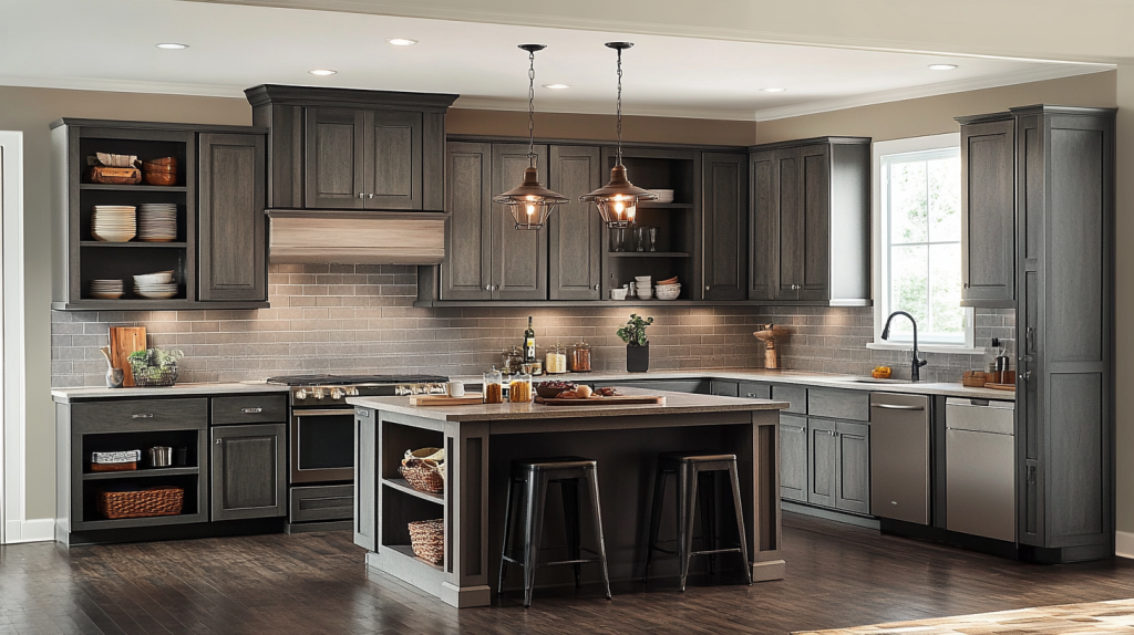 Gray Kitchen Cabinets with vintage lighting, raw industrial accents, and an open, spacious layout.