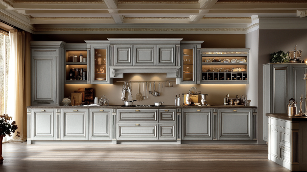 Light gray kitchen cabinets paired with white countertops and natural wood accents.
