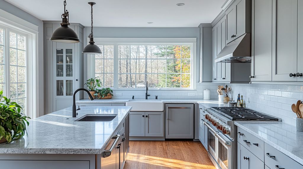 Matte Gray Kitchen Cabinets with a subtle, sophisticated finish, adding a modern and understated elegance.