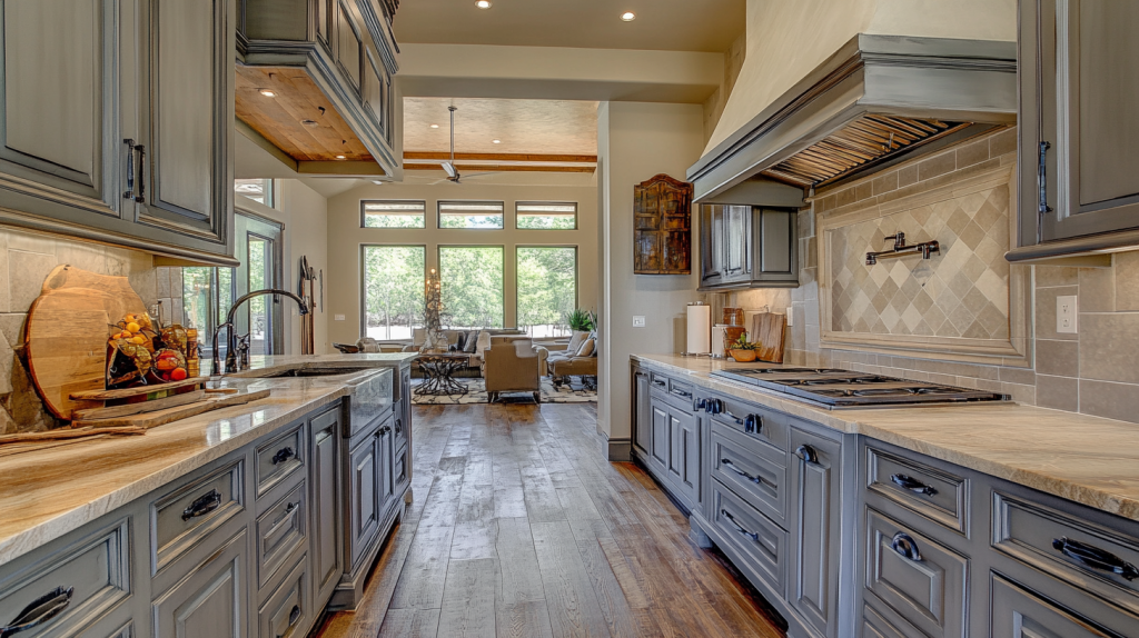 Medium gray kitchen cabinets with natural light and stylish accents.