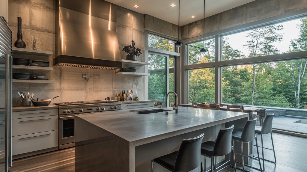Modern Gray Kitchen Cabinets with concrete accents, open shelving, and large windows offering a view of nature.