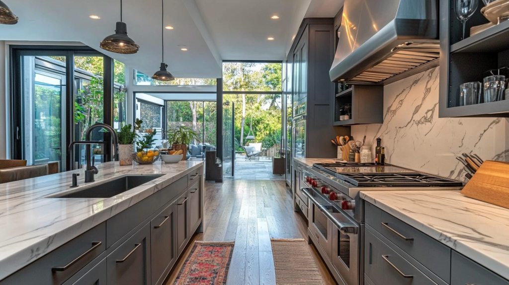 Modern Gray Kitchen Cabinets with marble countertops, industrial lighting, and large windows creating a bright, open atmosphere.