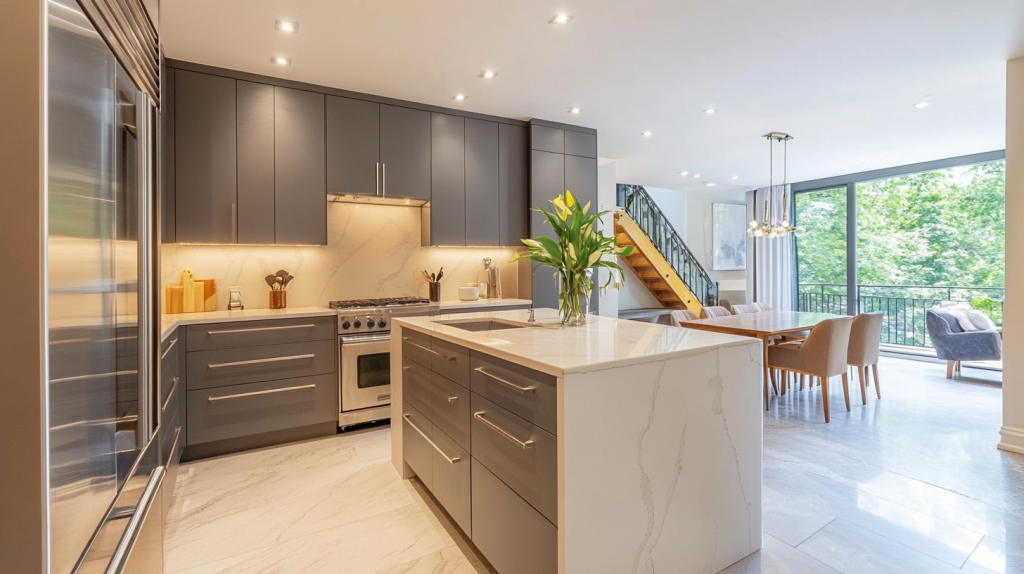 Modern kitchen with Gray Kitchen Cabinets, marble countertops, and large windows bringing in natural light.