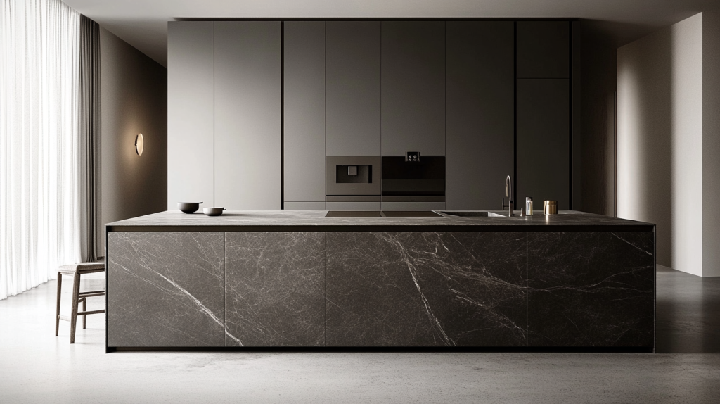 Modern Gray Kitchen Cabinets with dark stone countertop and minimalistic design for a sleek and elegant look.