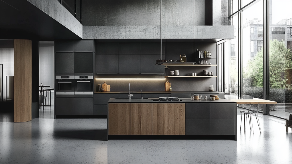 Modern Gray Kitchen Cabinets with natural wood accents, sleek lines, and stainless steel hardware, showcasing a minimalist design.