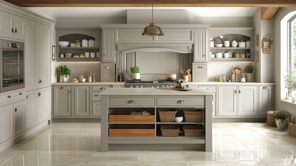 Farmhouse Gray Kitchen Cabinets with open shelving, vintage accents, and rustic wooden beams, creating a cozy atmosphere.