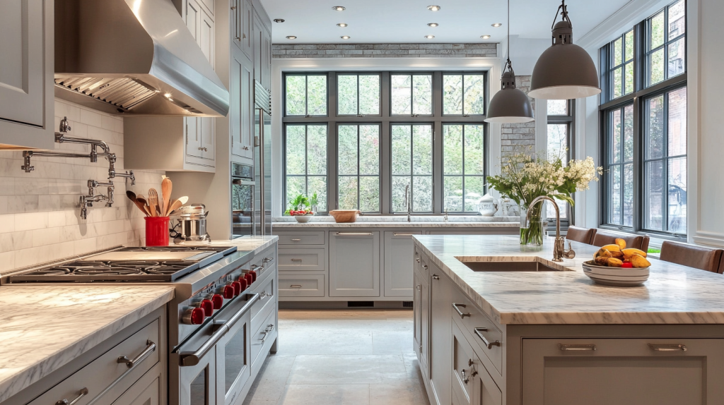 Spacious kitchen with Gray Kitchen Cabinets, high-quality granite countertops, and expansive windows offering a scenic view.