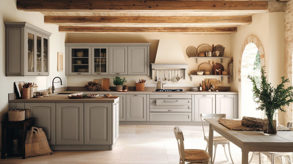 Gray Kitchen Cabinets with a spacious island, rustic charm, and modern appliances, enhancing the farmhouse feel.