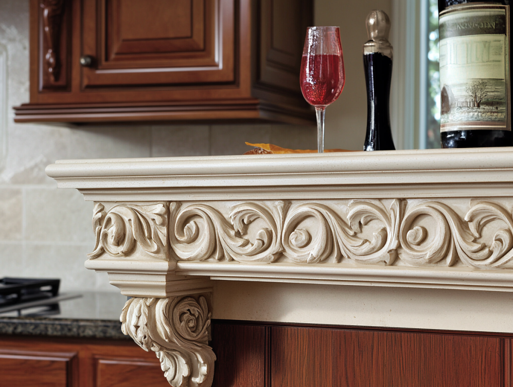 Decorative corbel molding detail on luxury kitchen island edge.