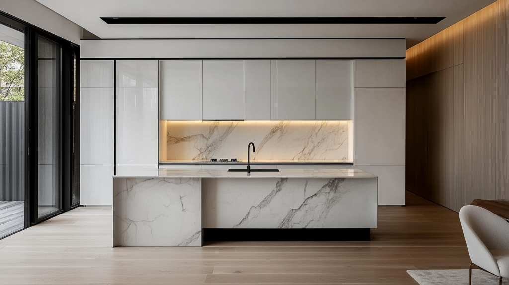 A modern kitchen with white upper cabinets and a black island, bright and stylish with ample natural light.