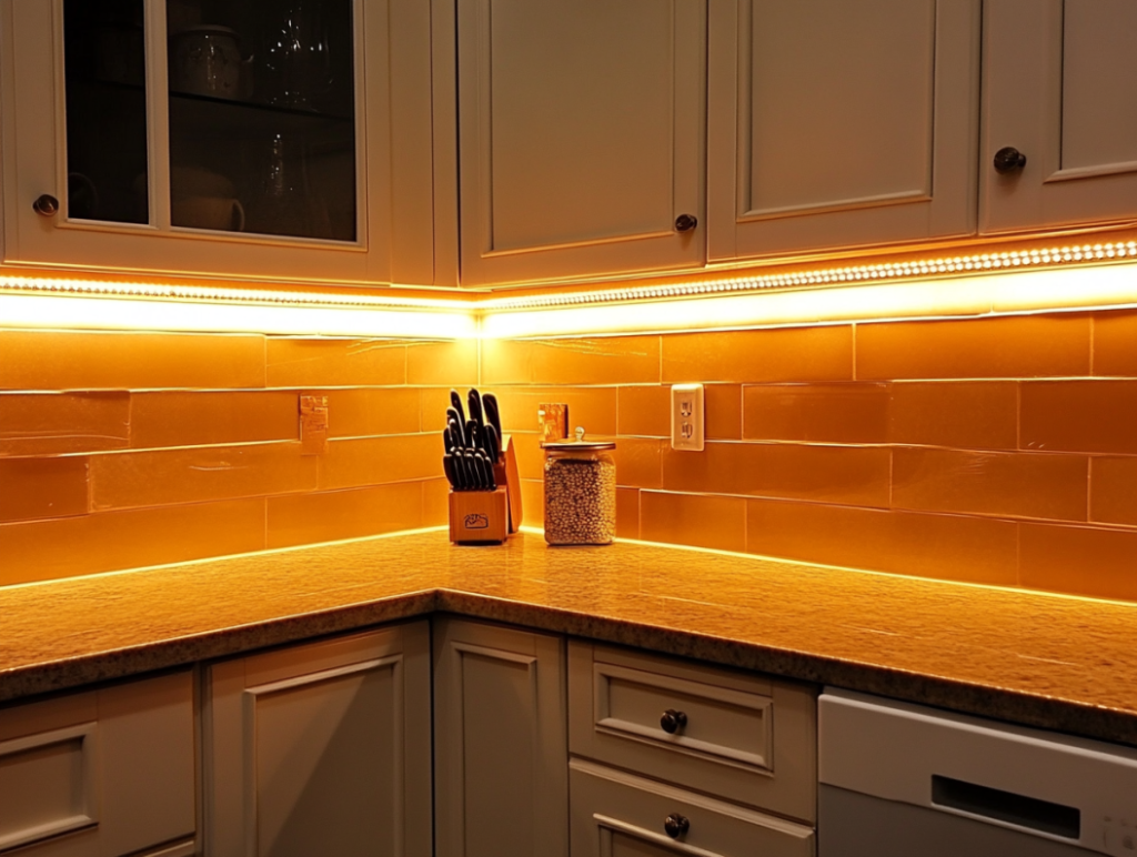 Kitchen with warm amber under-cabinet LED lighting and glossy tile backsplash