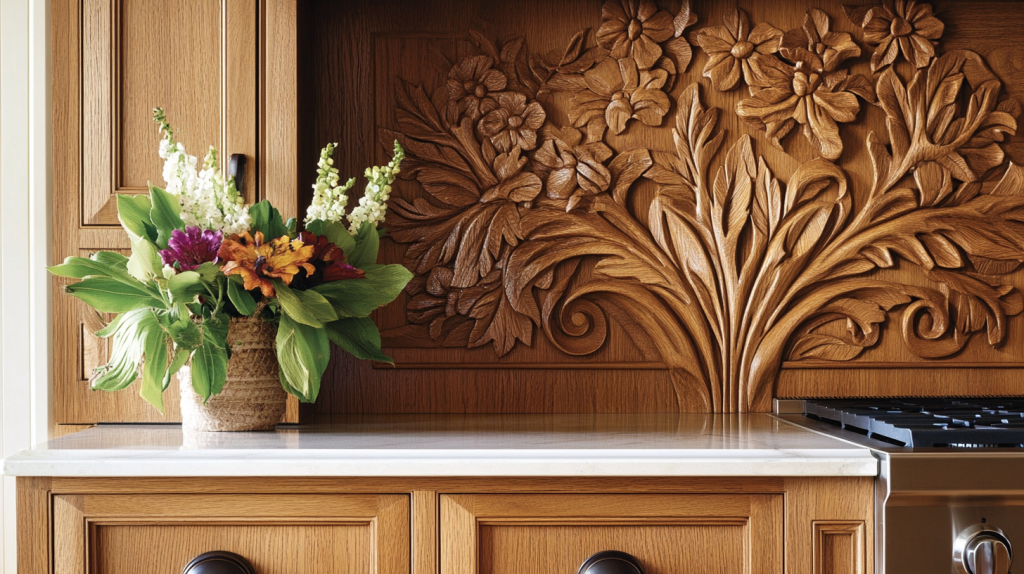White oak kitchen cabinet with detailed floral carving, adding an artistic and rustic touch to the space.