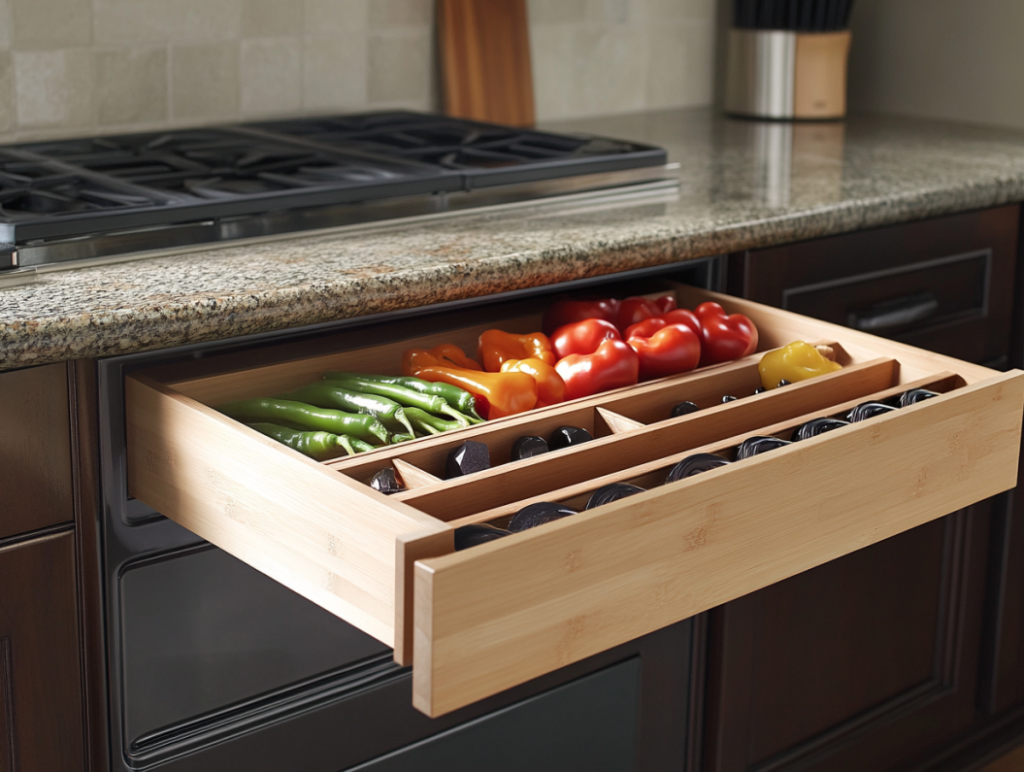 Bamboo drawer organizer storing peppers and spice jars under granite countertop.
