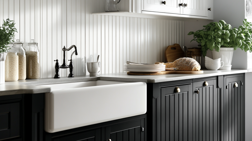 Black base cabinets with white beadboard upper cabinets farmhouse kitchen design with farmhouse sink and large windows.