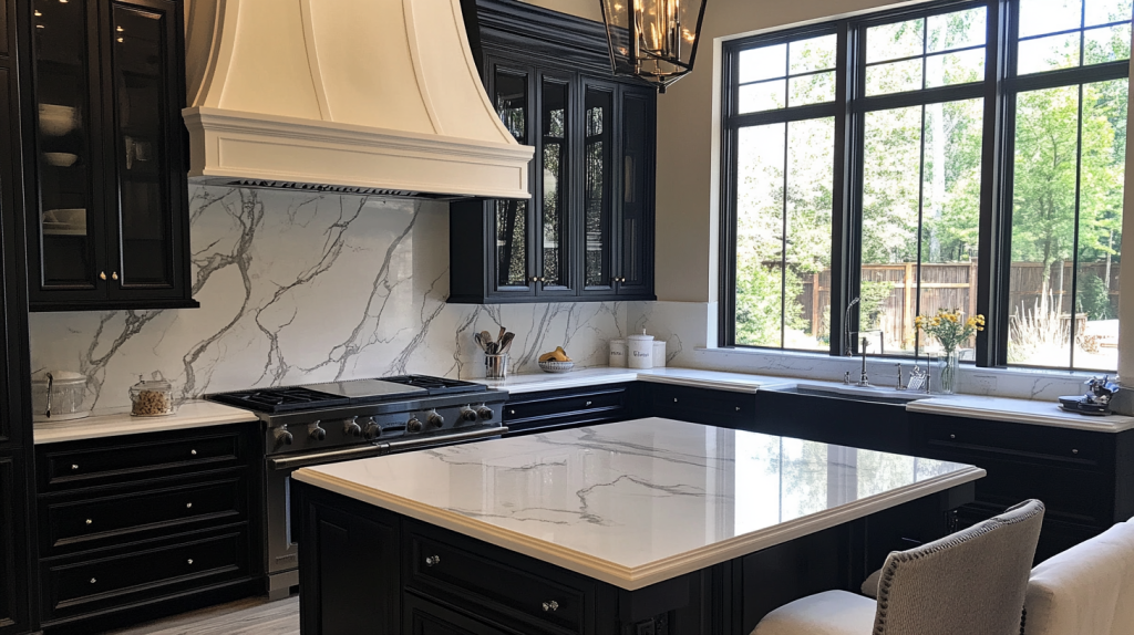 Kitchen featuring black base cabinets paired with white marble backsplash and countertops, creating a striking contrast.