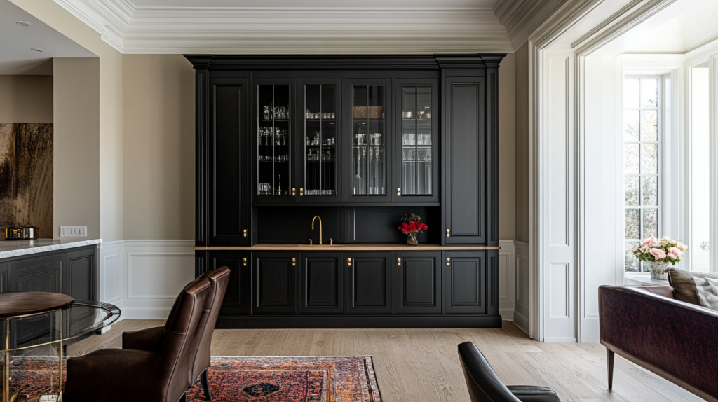 Black kitchen cabinets with inset doors framed by classic white crown molding and trim details.