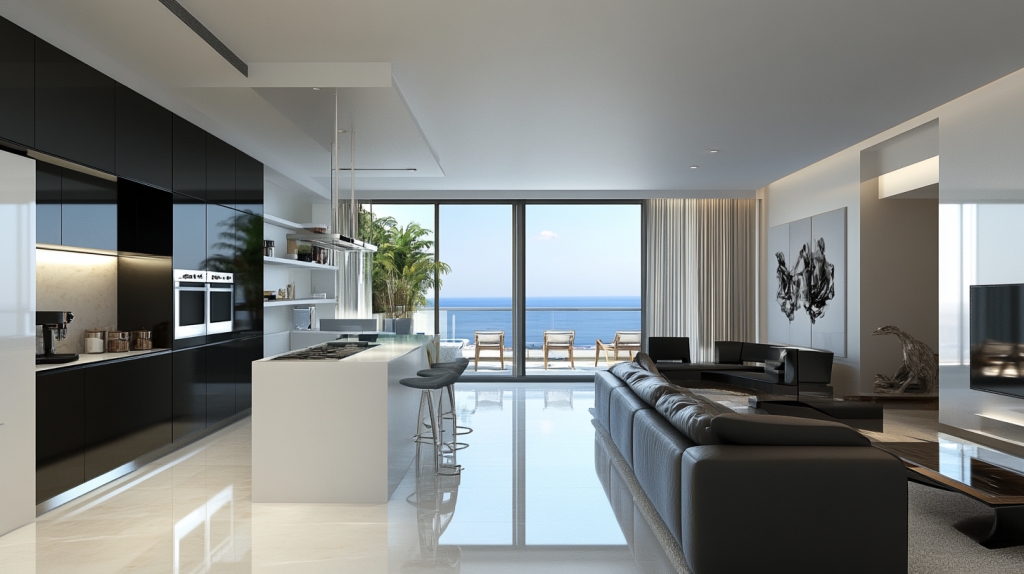 Kitchen with black handle-less lower cabinets and white upper cabinets, offering a minimalist and stylish design.