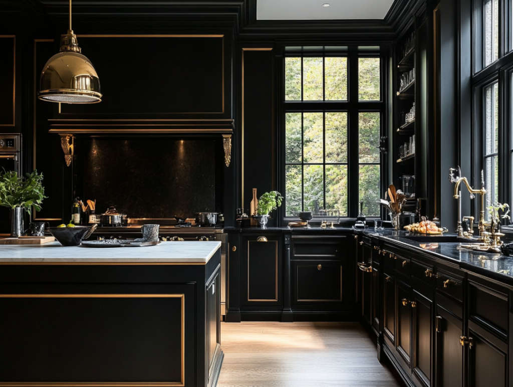 Black kitchen cabinets with subtle gold edge trim, offering elegant and refined style.