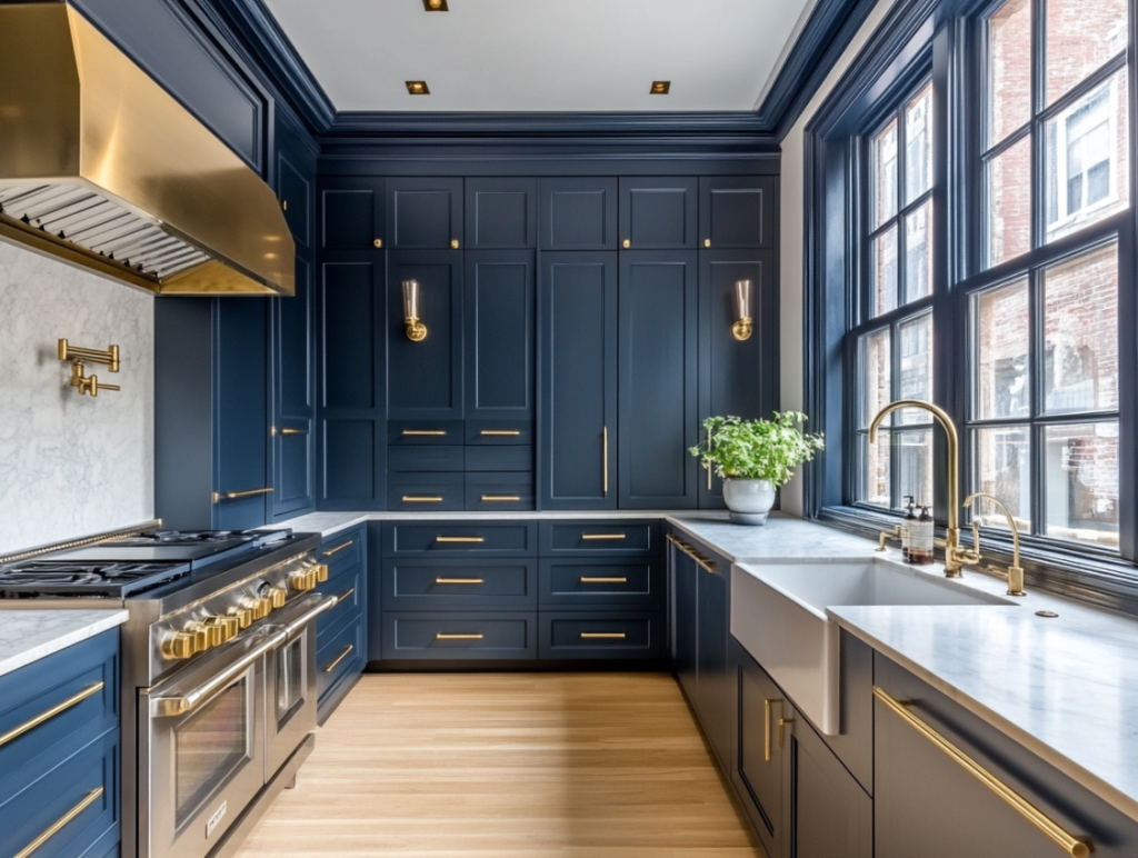 Modern black flat-panel kitchen cabinets with brushed gold faucet and handles by a large window.
