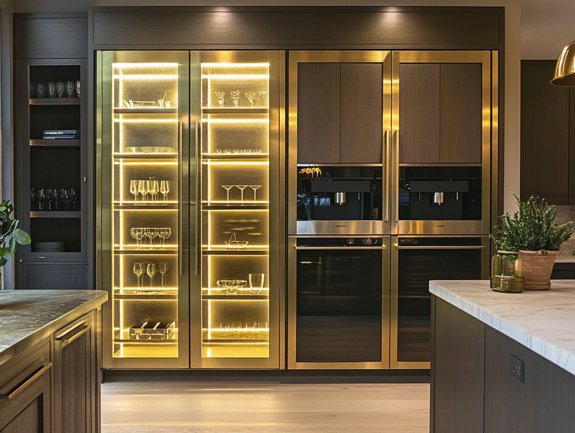 Glass door upper cabinets with gold frames and integrated LED lighting in black kitchen.