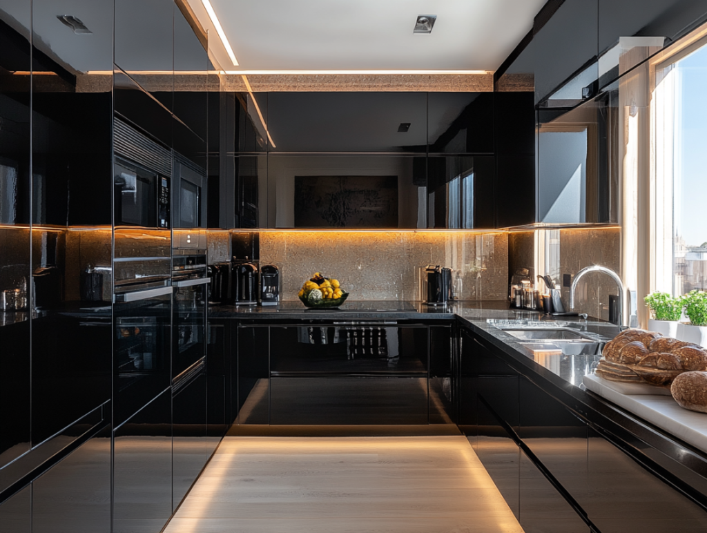 Modern kitchen featuring black high-gloss lacquer cabinets with integrated lighting, stainless steel appliances, and sleek countertops