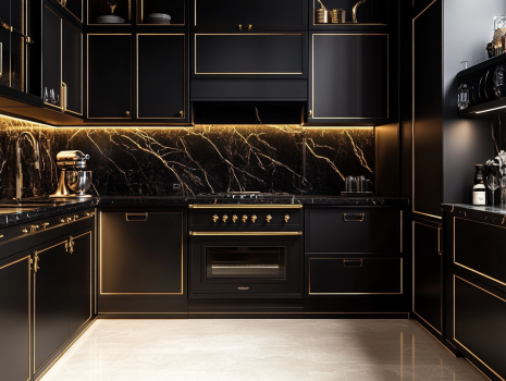 Black kitchen cabinets with gold trim and marble backsplash, illuminated by warm under-cabinet lighting.