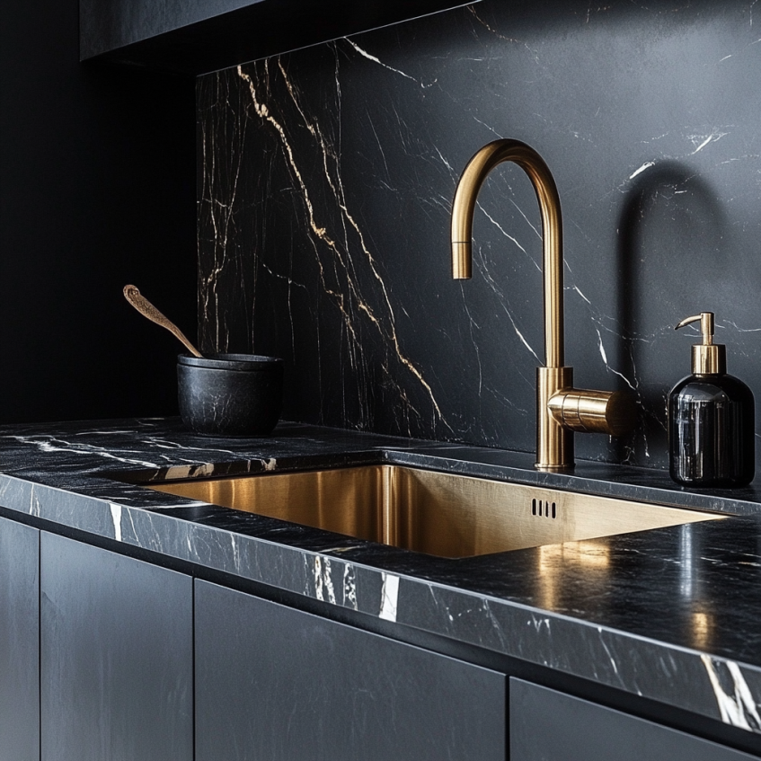 Black marble kitchen countertop with gold faucet and gold sink, sleek modern design.