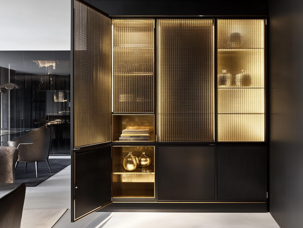Black metal kitchen cabinets with gold mesh inserts creating industrial luxury style.