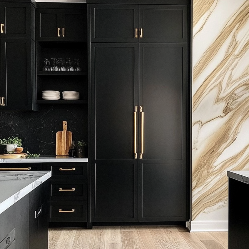 Black pantry wall cabinets with oversized gold handles and white marble sidewall.