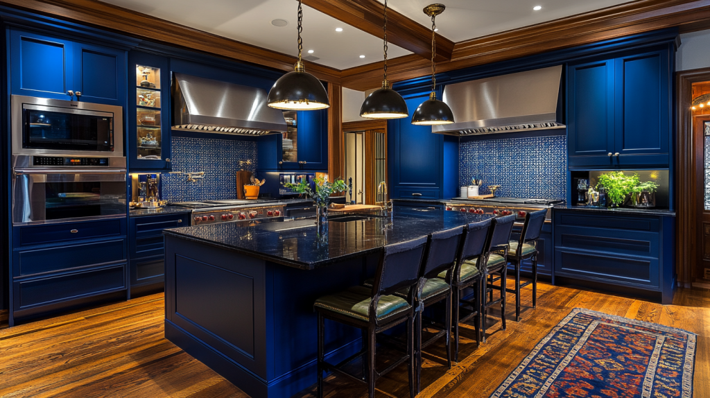Navy blue kitchen with dual hoods and dark granite island