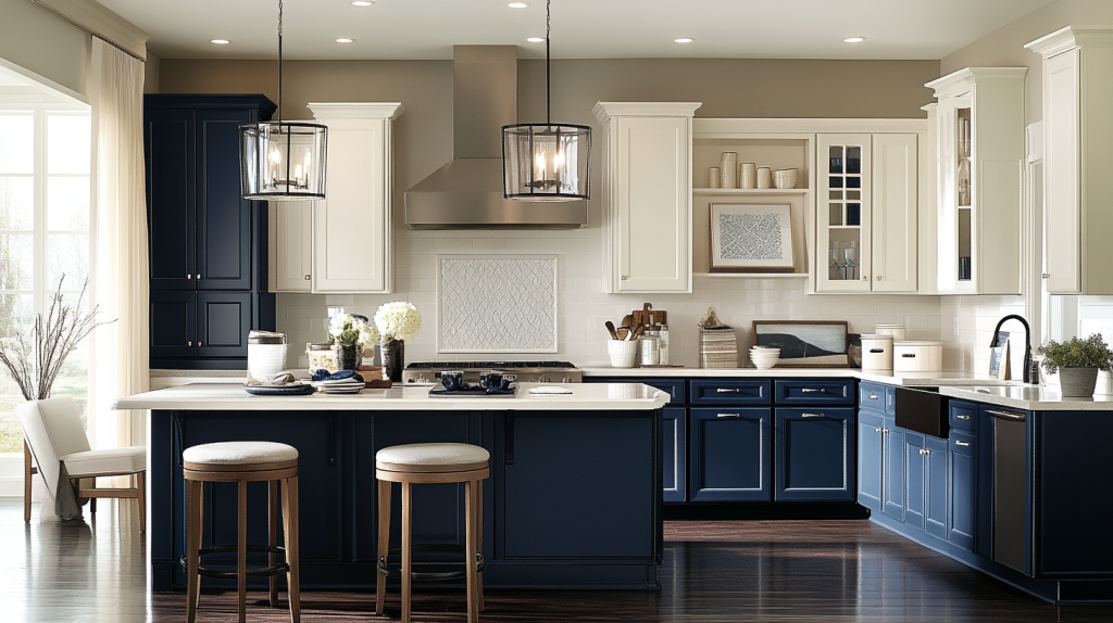 two tone kitchen cabinets with navy blue lowers and white uppers in a modern transitional kitchen