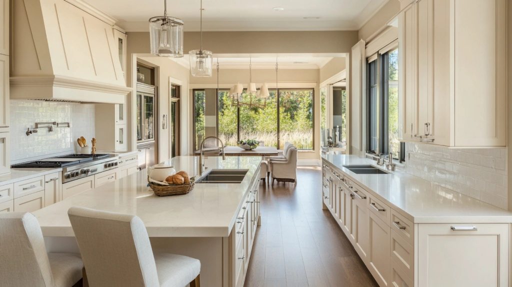 Bright contemporary kitchen featuring smooth cream cabinets with flat fronts, silver hardware, large island with quartz countertops, and ample natural light.