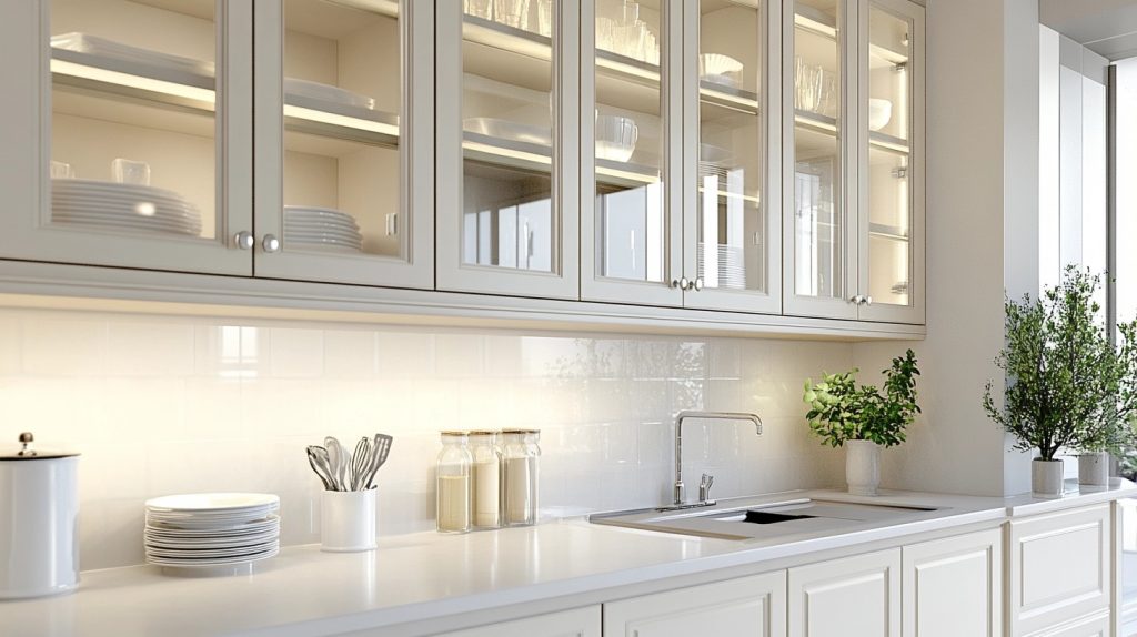 Bright cream kitchen with glass-front cabinets and open shelves filled with kitchenware