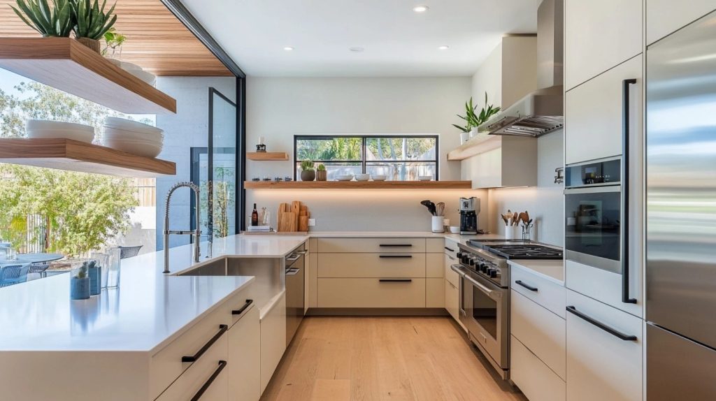 Bright cream kitchen with minimalist design and stainless steel appliances