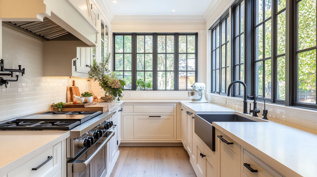 Bright kitchen with cream-colored Shaker style cabinets featuring clean, simple lines, large granite countertops, black hardware, and natural light from multiple windows.